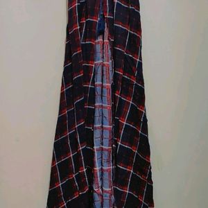 Red & Navy Blue Check Print Long Front Cut Open Ku