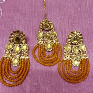 Mustard Earrings With Maangtika