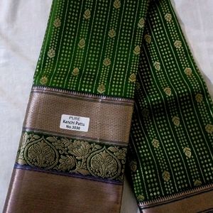 Beautiful Dark Green And Blue Semi Pattu Saree