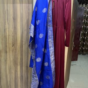 Anarkali Type Maroon Gown And Navy Blue Dupatta