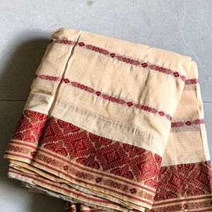 Cream And Red Bengal Cotton Saree