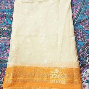 Orange Border Cream Colour Saree