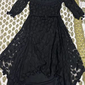 Black Partywear Net Dress With Pompoms