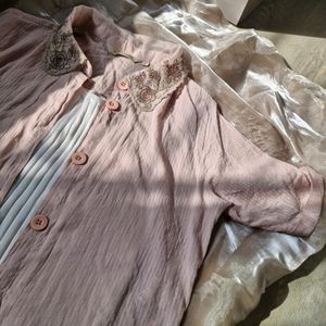 Pink Overshirt Cropped ( M) And  Lavender Bow Top