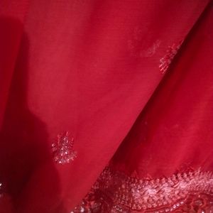 Wedding Wear Hot Red color saari with cutwork