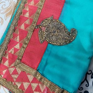 Diwali Sale🎉 Sky-blue Heavy Boarder Saree