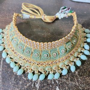 Mint Green Choker Set With Earrings And Mang Tika