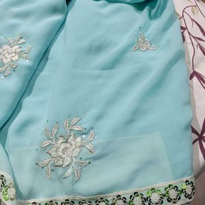 Beautiful Light Sky Color Embroidery Saree