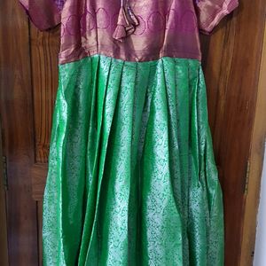 Light Green With Pink Border Semi Pattu Long Frock