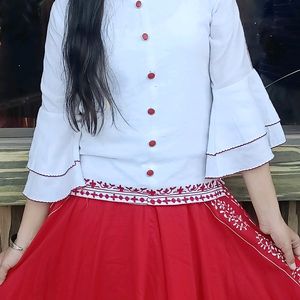 White Top And Red Side Cut Long Skirt (Ethnic Wear)