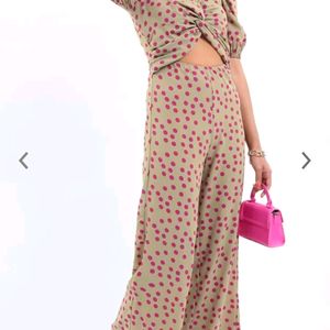 Beige Jumpsuit With Pink Podka Dots.