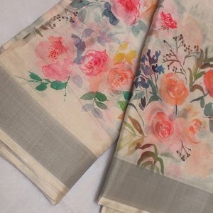 Linen Saree With Beautiful Floral Prints