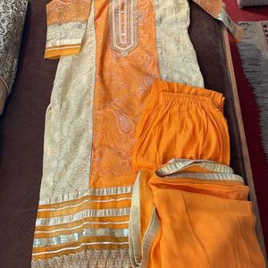 Orange Cream Suit Set With Pant And Dupatta