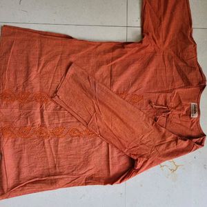 Orange Embroidered Fabindia Short Kurti