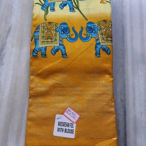 Dola Print Foil Golden Yellow Saree