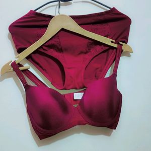 Wine Color Light Padded Bra Panty Set For 34 Bust