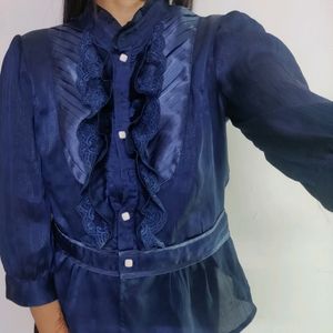 Korean Navy Blue Lace Shirt Top