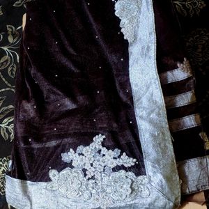 Chocolate Brown Saree With Silver Embroidery