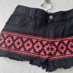 Black Denim Embroidered Shorts