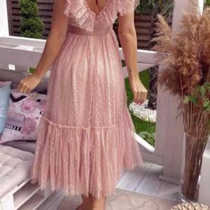 V-Neck Mesh Polka Dot Tulle Backless Pink Ruffle S