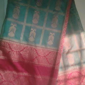 Sea Green And Red Colour Semi Pattu Saree