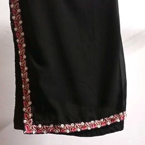 Black Kurta Set With Pink Embroidery & Front Slit