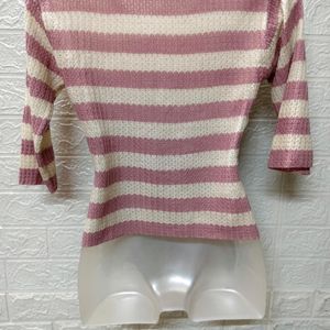 Pink And White Striped Woolen Top