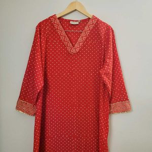 Missprint Red Hand Block Printed V-Necked Kurta