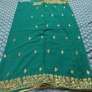 Beautiful Sea green Embroidery Work Saree