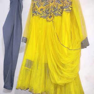 yellow net frock with rayon legging