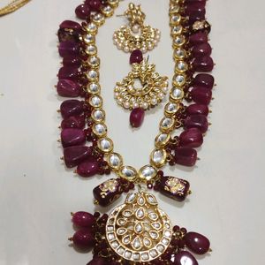 long Kundan And Real Natural Stone Necklace Set