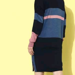 Navy Blue Sweater and Skirt with Side Stripe