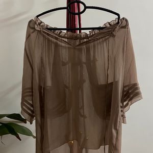 ✨Sheer Dusty Brown Top With Tie Detail✨