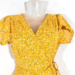 Yellow Printed Wrap Around Dress(Women’s)