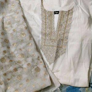 Off White Suit Set With Golden Slik Dupatta