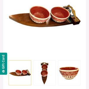 dokra art Wooden tray With Ceramic bowls