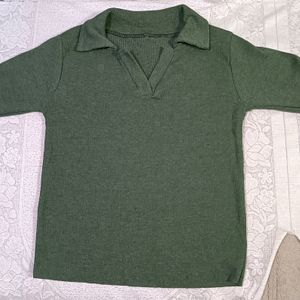 Olive Green Colour Slim Fit Top With Collar