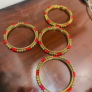 Red Golden Stone Studded Kada Bangles