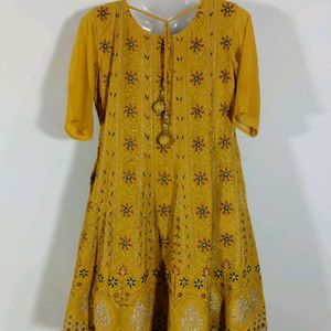 Mustard Yellow Embroidered Kurta Skirt Set(women)