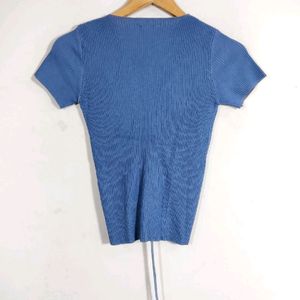 Blue V Neck Ribbed Top