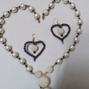 White Pearl And Purple Crystal Bead Nacklace Set