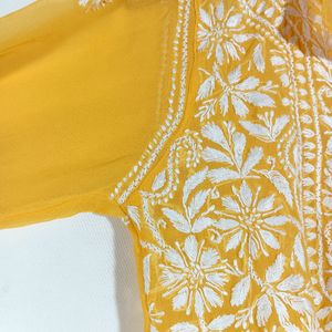 Bright Yellow Chikan-Kari Kurti With Cotton Inner