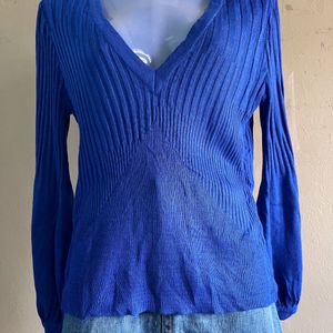 Blue V-neck Puff Sleeve Sweater 🎀