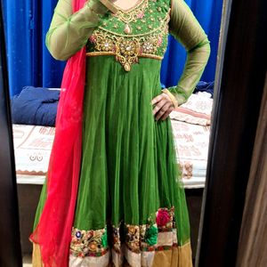 Heavy Work Party Wear Green Anarkali Suit