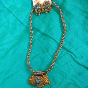 Light Blue & Golden Work Necklace With Earrings - Not Used