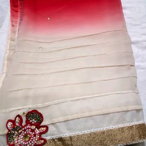 Woww Red Shady Saree With Patchwork