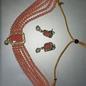 Coral Color Choker Necklace Set With Earrings