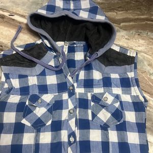 Blue & White Pure Cotton Check Sleeveless Shirt