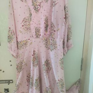 Beautiful Floral Pink Long Kurtha With Frill