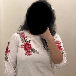 Off White Top With Floral Patchwork